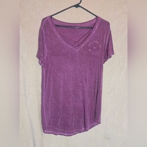 Women's "Great Minds Drink Alike" Short Sleeve Criss-Cross V-Neck Graphic Tee Pu